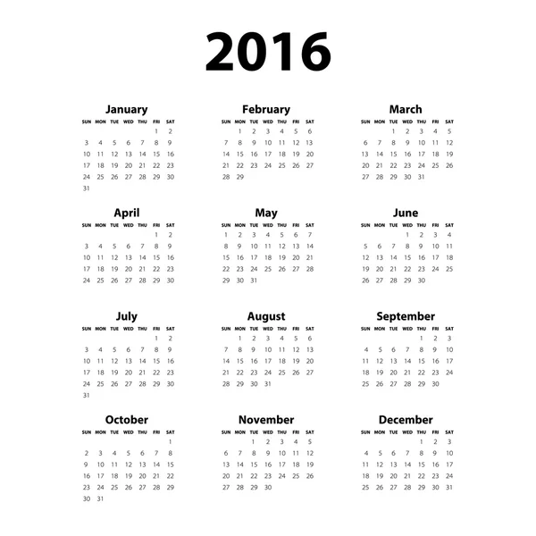 Kalendarz 2016 na białym tle. Tydzień zaczyna się od poniedziałku. Wektor prosty szablon — Wektor stockowy