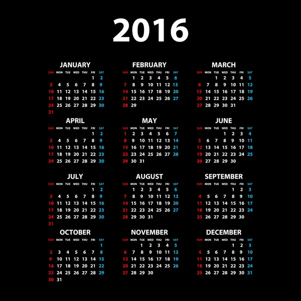 Kalendarz 2016 na czarnym tle. eps10 wektor. — Wektor stockowy