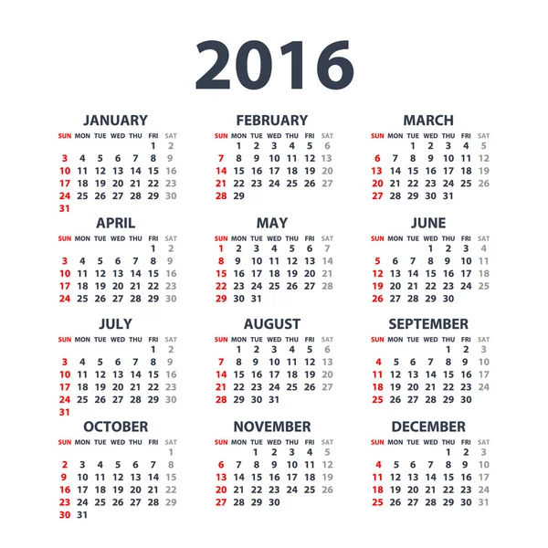 白い背景の 2016 年のカレンダーです。月曜始まり。単純なベクトル テンプレート — ストックベクタ