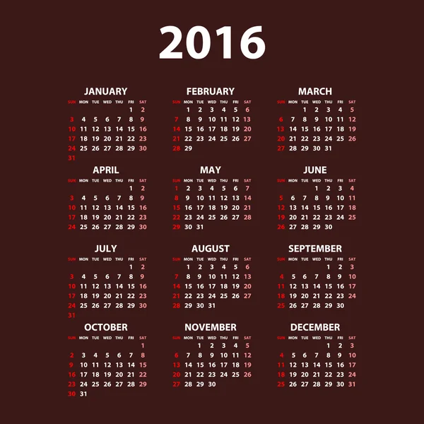 2016 calendar simple design date color — Wektor stockowy