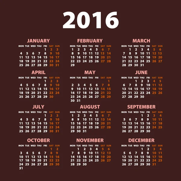 2016 calendar simple design date color — Wektor stockowy