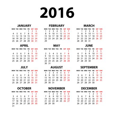 Vector modern and simple calendar 2016 with moon phases, well arranged, in grey, blue. Eps 10 vector file.