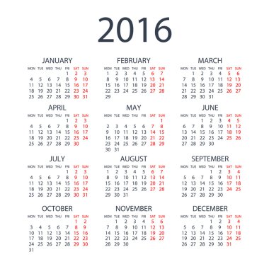 Vector modern and simple calendar 2016 with moon phases, well arranged, in grey, blue. Eps 10 vector file.