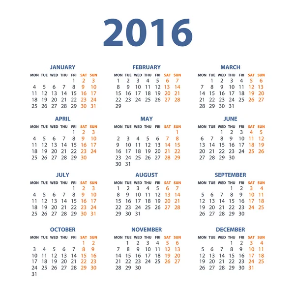 2016 Calendar - illustration vector color design — ストックベクタ