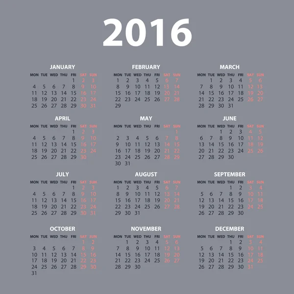 Vector modern and simple calendar 2016 with moon phases, well arranged, in grey, blue. Eps 10 vector file. — ストックベクタ