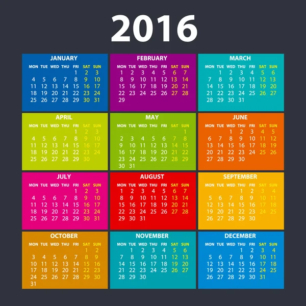 2016 calendar in the style of colorful card pattern - vector illustration — ストックベクタ