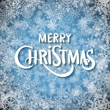 Kar taneleri ile arka plan üzerinde neşeli Noel el yazısı metin. Vektör çizim Eps10