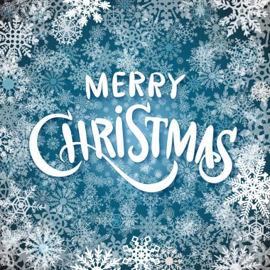 mutlu Noeller ve mutlu yeni yıl, kar taneleri ile arka plan üzerinde el yazısı metin