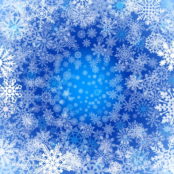 Flocos de neve de Natal fundo fundo azul com flocos de neve. Ilustração vetorial — Vetor de Stock