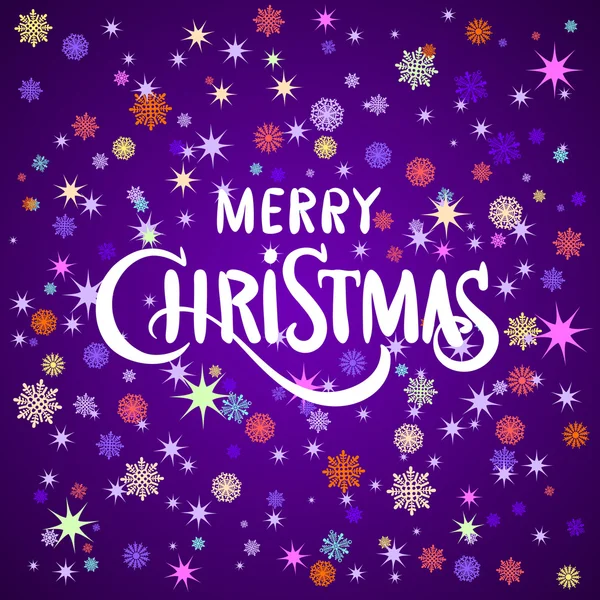 Handbemalter Pinselaufdruck "Wir wünschen Ihnen frohe Weihnachten". weiße Schneeflocken auf violett und rosa verschwommenem Hintergrund. — Stockvektor