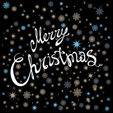 Neşeli Noel ve mutlu yeni yıl kartı elle çizilmiş yazı ve koyu arka plan üzerinde yıldız ile. Şirin tatil arka plan