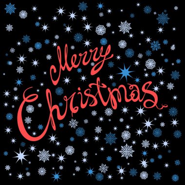 Neşeli Noel ve mutlu yeni yıl kartı elle çizilmiş yazı ve koyu arka plan üzerinde yıldız ile. Şirin tatil arka plan