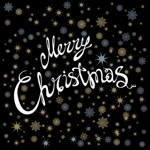 Buon Natale e felice anno nuovo biglietto con lettere disegnate a mano e stelle su sfondo scuro. Carino sfondo vacanza — Vettoriale Stock