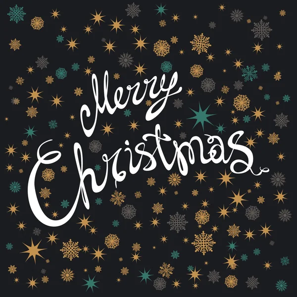 Frohe Weihnachten und einen guten Rutsch ins neue Jahr mit handgezeichneten Schriftzügen und Sternen auf dunklem Hintergrund. Niedlicher Urlaubshintergrund — Stockvektor