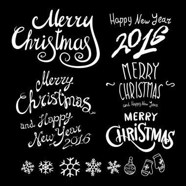 Vintage neşeli Noel ve mutlu yeni yıl kaligrafi ve tipografik arka plan tebeşir ile word art tahtaya
