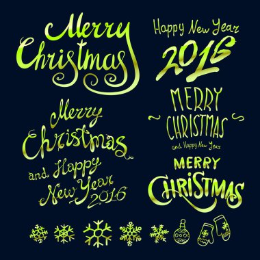 Renkli tebeşir illüstrasyon Noel top, '' neşeli Noel ve mutlu yeni yıl '' metin ve farklı tatil nesne grubu altın elemanları ile boyalı. Mutlu yıllar 2016 Tema. Kart tasarımı.