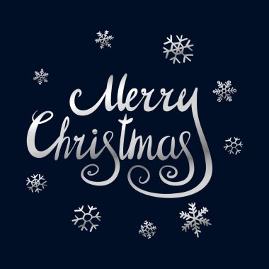 Gümüş dokulu el yazısı kaligrafi yazıt bir daire içinde yazılı mutlu Noeller. Tasarım öğesi afiş, kart, davet, etiket, kartpostal, şablon, skeç vb için. Vektör çizim.