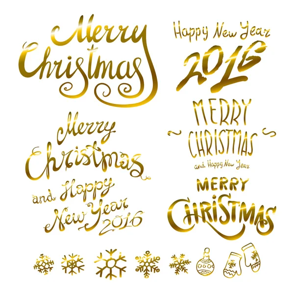 Golden glowing Merry Christmas and happy New Year 2016 lettering collection. Vector illustration set — Stock Vector