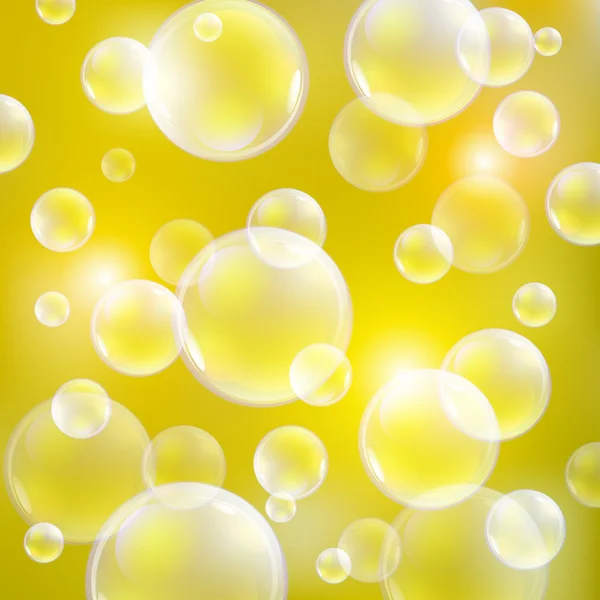 Burbujas de jabón transparente. burbujas de jabón sobre un fondo amarillo — Vector de stock