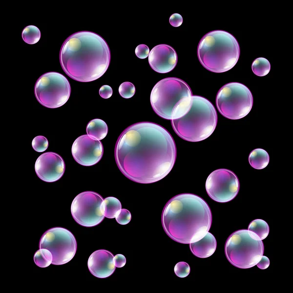 Barevný mýdlové bubliny na černém pozadí vektorové ilustrace — Stockový vektor