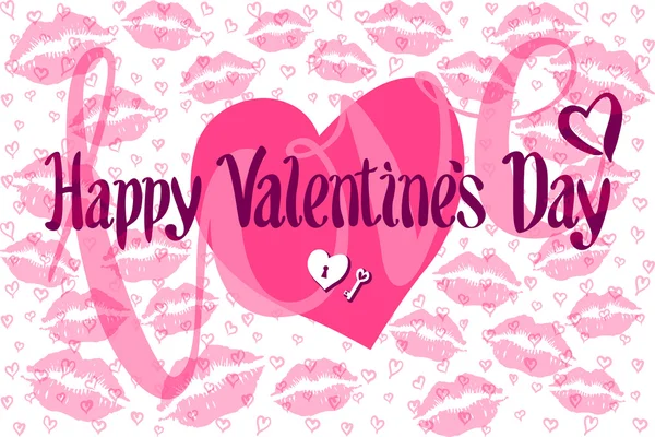 Scheda romantica vettoriale con cuore composto da stampe di labbra felice giorno di San Valentino — Vettoriale Stock