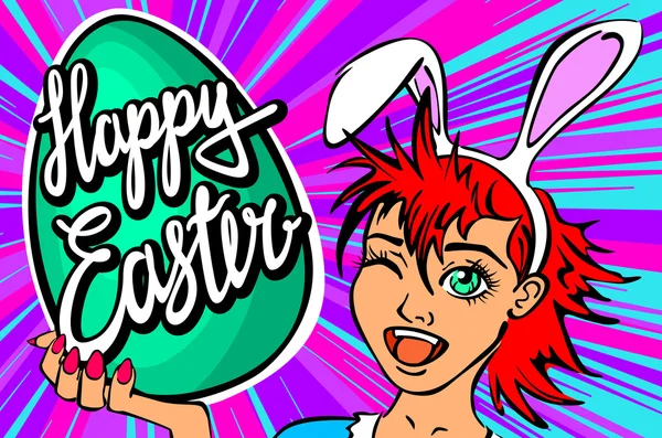 Winking and thumbs up sexy pin up style bunny girl. closeup of winking bunny girl face manga girl in a bunny costume with an Easter egg. happy easter lettering — Stock Vector