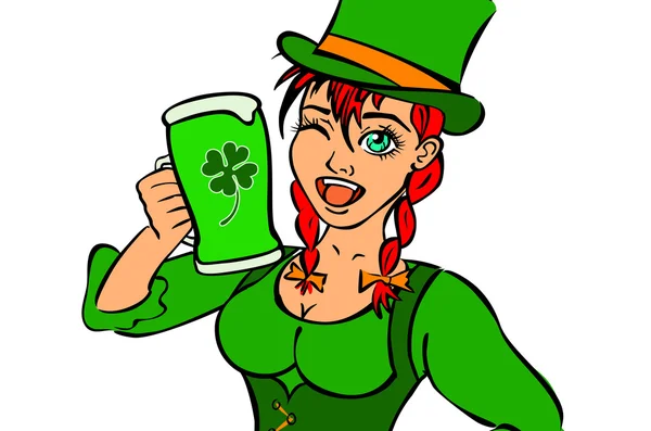 Beautiful leprechaun girl with beer and smoking pipe, St. Patrick's Day logo design with space for text, isolated — Stock Vector