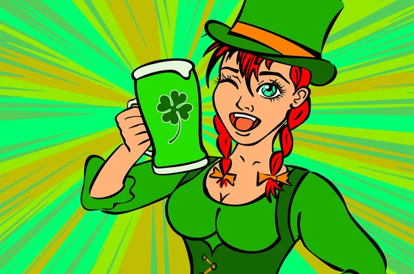 Schönes Koboldmädchen mit Bier und Pfeife, St. Patrick 's Day Logo Design mit Platz für Text, isoliert — Stockvektor