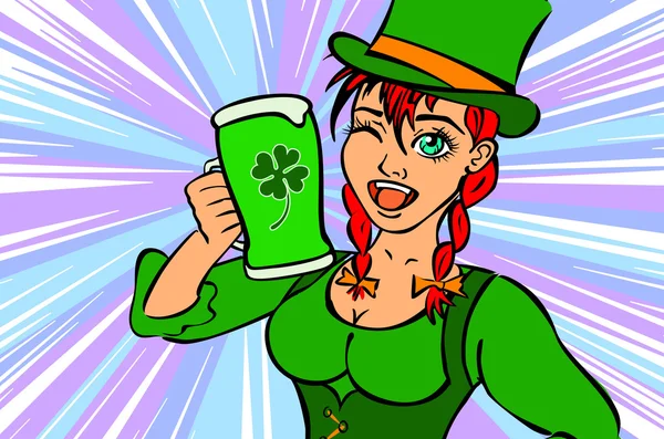 Mooie kabouter meisje met bier en roken pijp, st. patrick's day logo ontwerpen met ruimte voor tekst, geïsoleerd — Stockvector