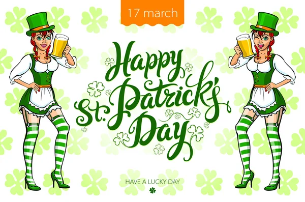 맥주와 함께 예쁜 요정 소녀, St. Patrick의 날 로고 디자인 텍스트, 고립 된 공간으로 — 스톡 벡터