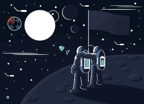 Ilustración Vectorial Astronautas Parados Juntos Luna Otro Planeta Cerca Bandera — Archivo Imágenes Vectoriales