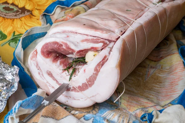 Spit-roasted pork preparation — Stock Photo, Image