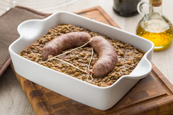Pork sausage with lentils — Stock Photo, Image
