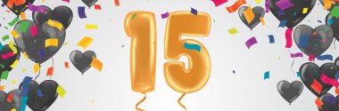 15. yıl dönümü ve doğum günü şablon tasarımı arka plan renkli balon ve kutlama için renkli küçük konfeti parçaları
