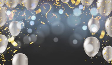 Birçok renkli küçük konfeti parçasına sahip soyut bir arka plan ve balonlu şenlik arkaplanı. Doğum gününü kutla, afiş, afiş mutlu