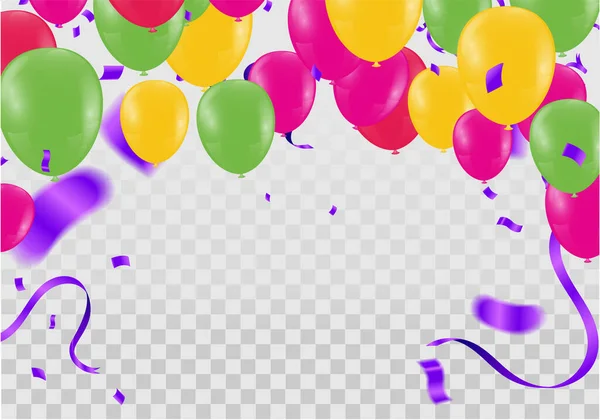 Viering Vector Achtergrond Met Kleurrijke Confetti Ballonnen Linten Gelukkige Verjaardag — Stockvector