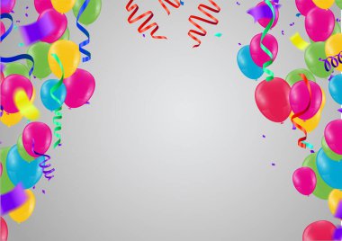 Renkli konfeti, balon ve kurdeleli kutlama vektör arkaplanı / Mutlu Yıllar tebrik kartı