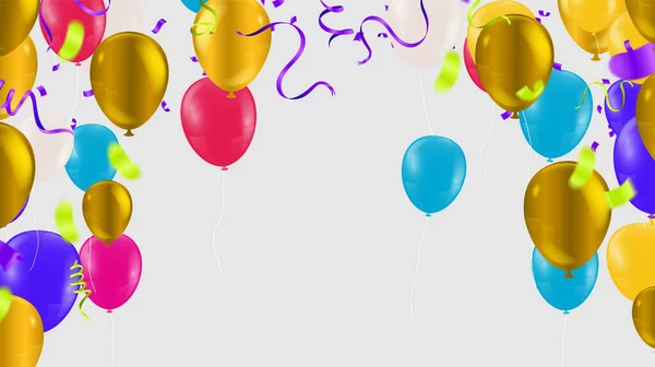 Fundo Vetor Celebração Com Confetes Coloridos Balões Fitas Feliz Aniversário —  Vetores de Stock