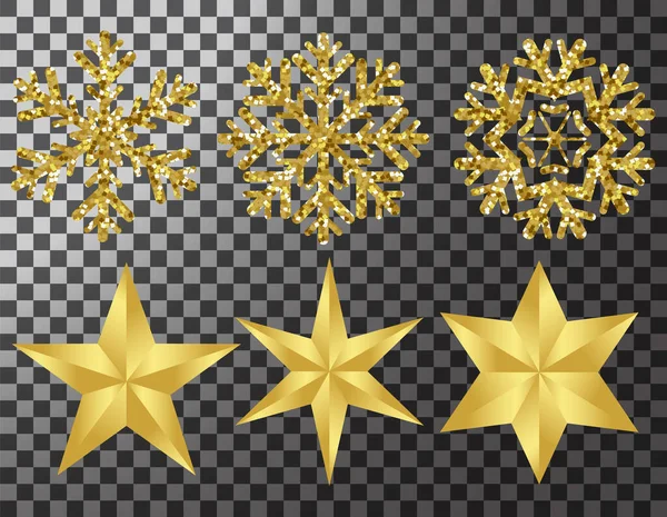 Goldene Schneeflocke Und Mehrspitzige Sternenbilder Als Requisiten Für Feiern — Stockvektor