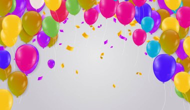 Lüks Renkli Parlak Helyum Balonları Arkaplanı. Doğum günü için balon seti, yıldönümü, kutlama partisi süslemeleri. Vektör Illustration EPS10