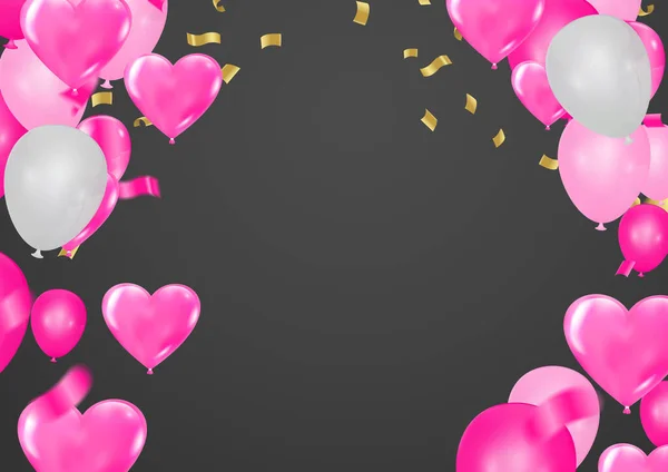 Alles Gute Zum Valentinstag Realistische Luftballons Herzform Mit Goldener Schleife — Stockvektor