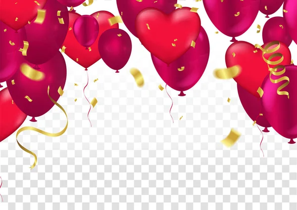 Szczęśliwych Walentynek Realistyczna Grupa Balonów Kształcie Serca Złotą Wstążką Balon — Wektor stockowy