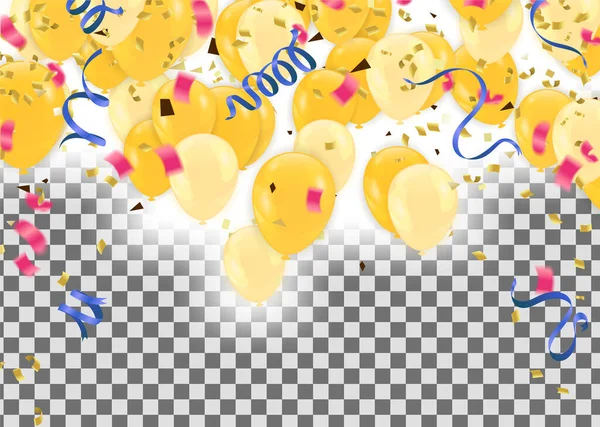 Yellow Golden Baloons Upsteirs Golden Confetti Isolated Background Illustration Beautiful — Stock Vector