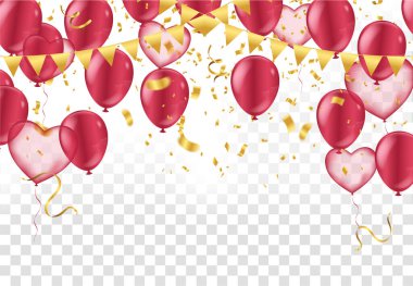 Sevgililer günü, kadınlar günü, düğün ya da evlilik geçmişi. Gerçekçi kalp balonları altın konfetiyle şekillendirir. Tatil dekorasyonu. Davetiye, tebrik kartı, doğum günü kutlaması tasarımı. Mesajın için yer var. Vektör illüstrasyonu.