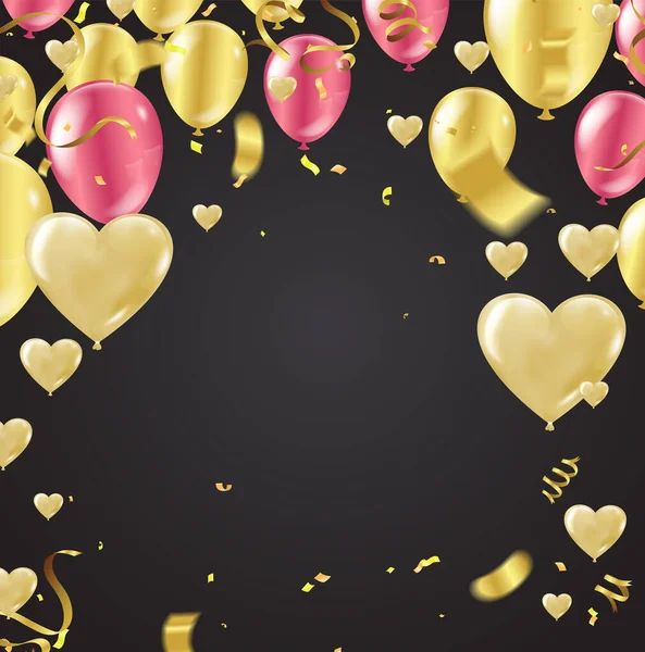Gelbe Und Goldene Luftballons Auf Den Höhen Goldenes Konfetti Auf — Stockvektor