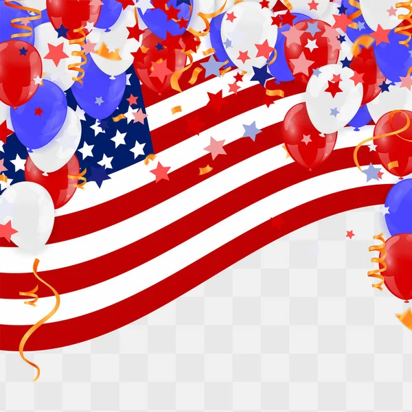 7月4日独立日的美国国旗和有气球背景的政党旗帜 — 图库矢量图片