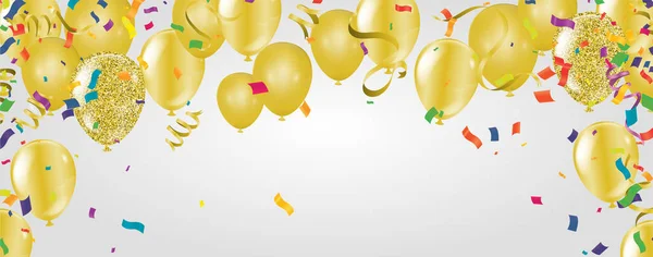Vector Party Balloons Gold Illustration Confetti Ribbons Flag Ribbons Celebration — Stock Vector