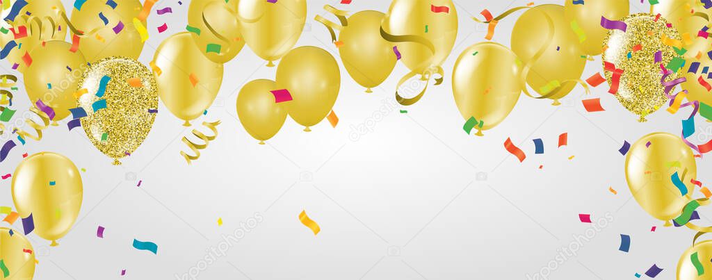 Vector party balloons gold illustration. Confetti and ribbons flag ribbons, Celebration background template