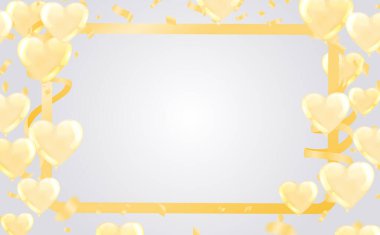 Vektör partisi altın rengi balon çiziyor. Konfeti ve kurdeleler bayrak kurdeleleri, kutlama arka plan şablonu