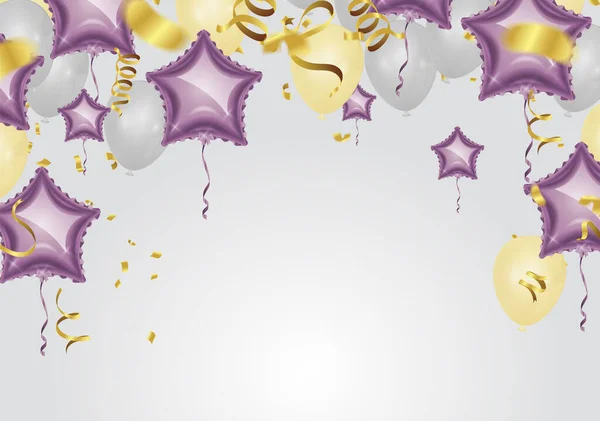 Πολύχρωμα Μπαλόνια Διανυσματική Απεικόνιση Κονφετί Και Κορδέλες Σημαία Εορτασμός Φόντο — Διανυσματικό Αρχείο